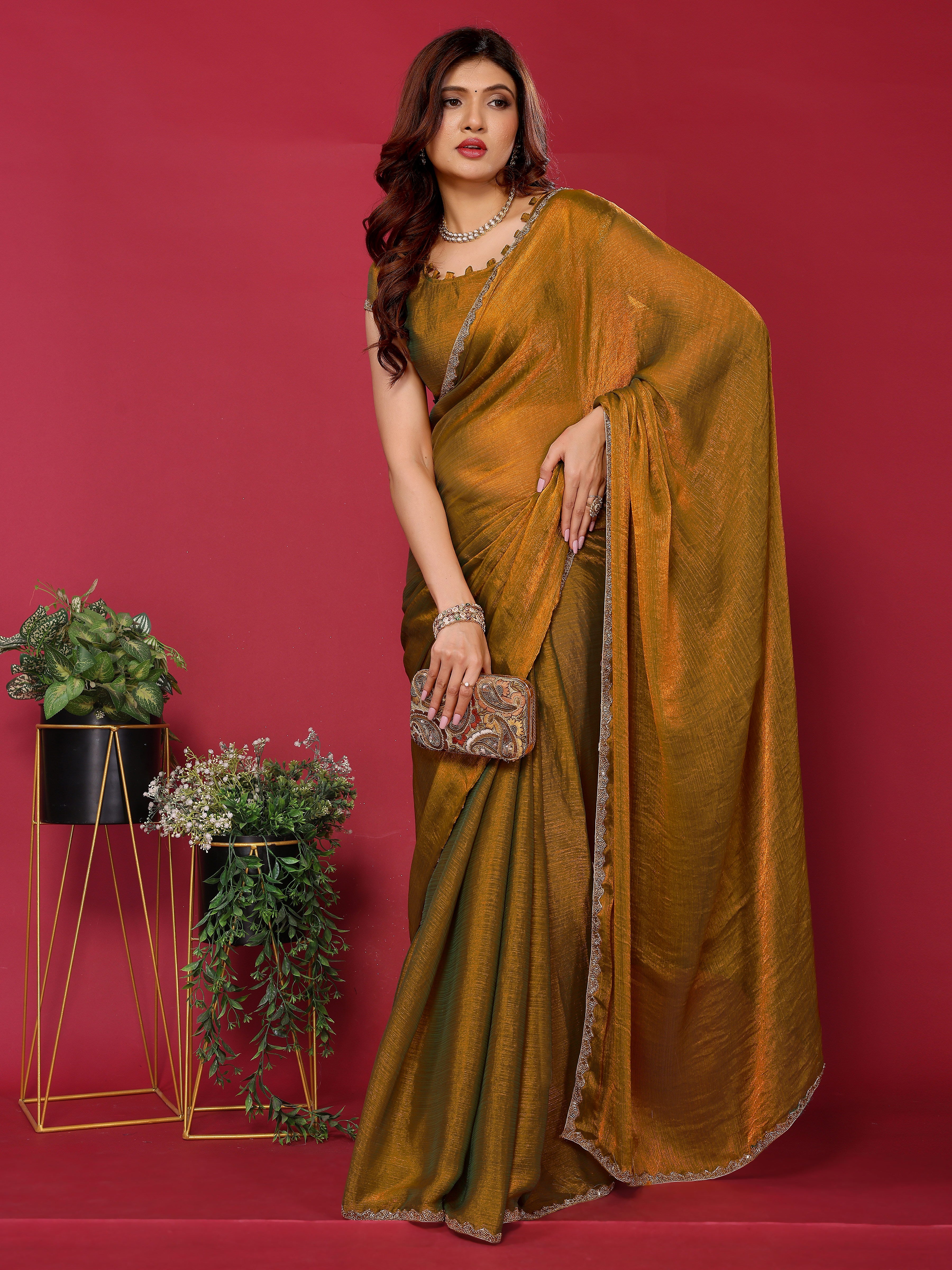 Mustard Satin Silk Handwork Saree