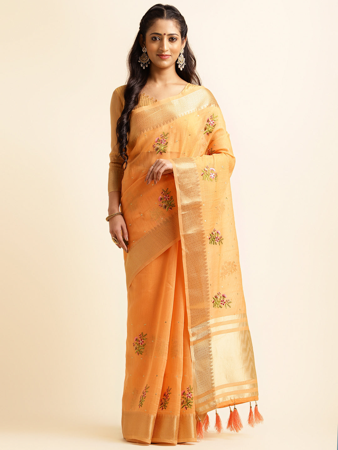 Orange Cotton Silk Floral Embroidery Saree 2025
