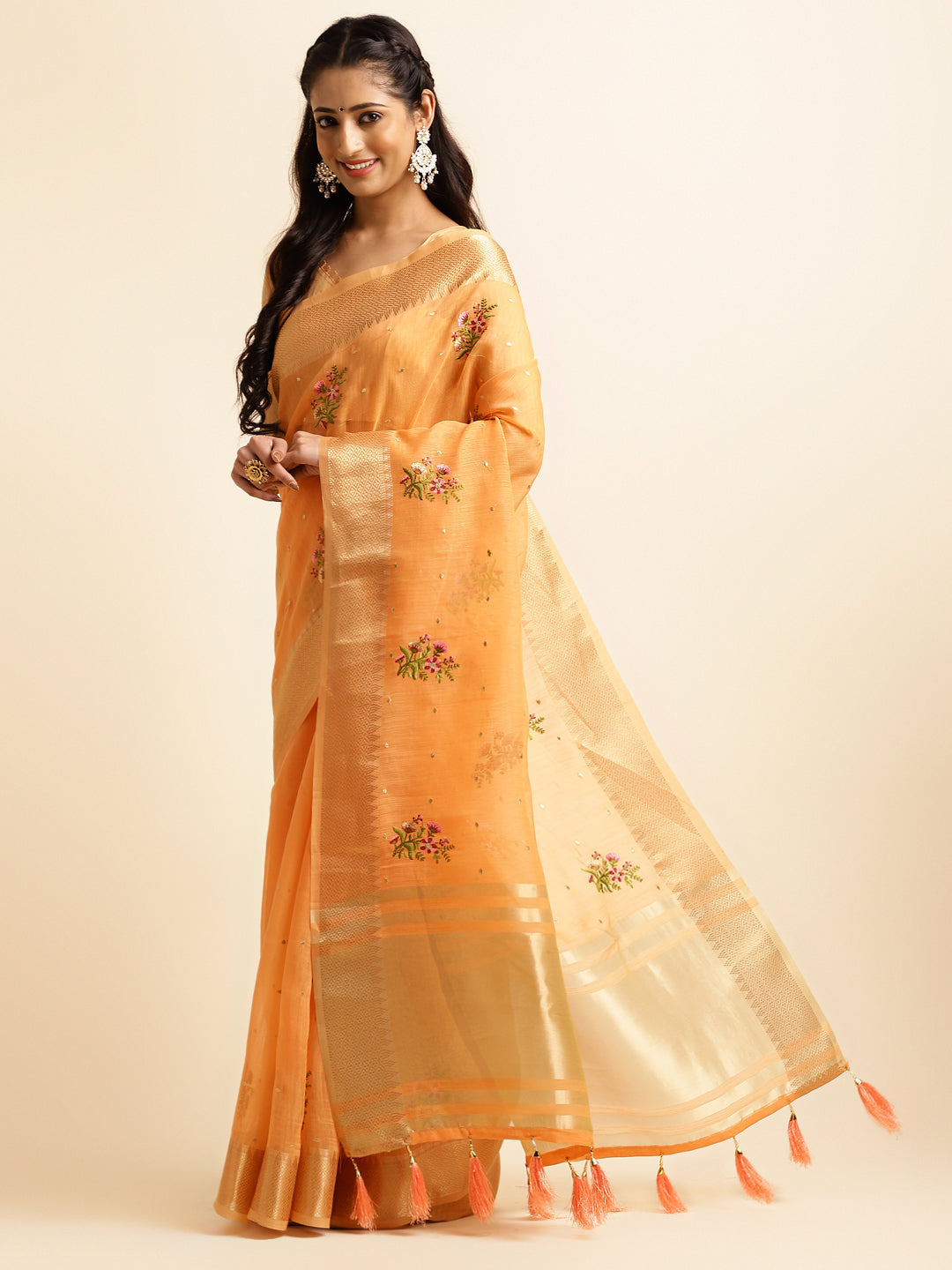 Orange Cotton Silk Floral Embroidery Work Saree