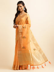 Orange Cotton Silk Floral Embroidery Work Saree