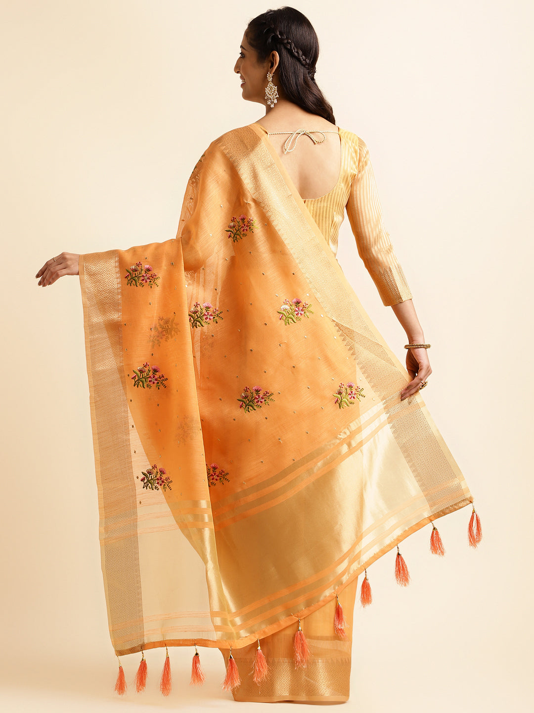 Orange Cotton Silk Saree With Floral Embroidery