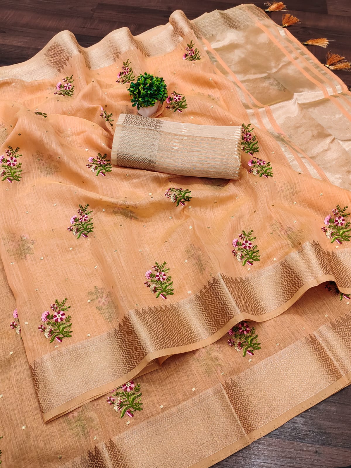 Orange Cotton Silk Saree With Floral Embroidery Work