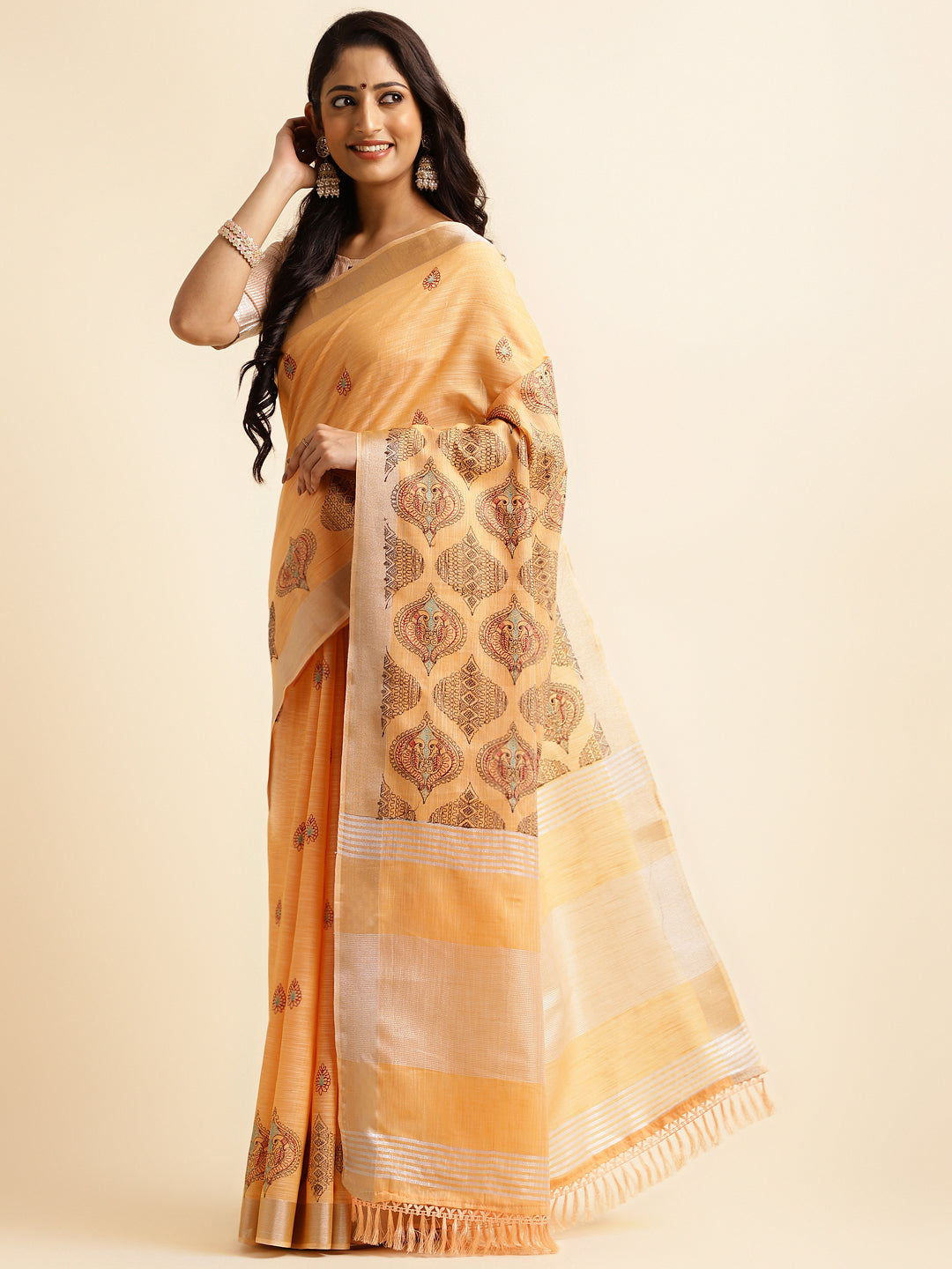 Orange Embroidered Linen Cotton Saree