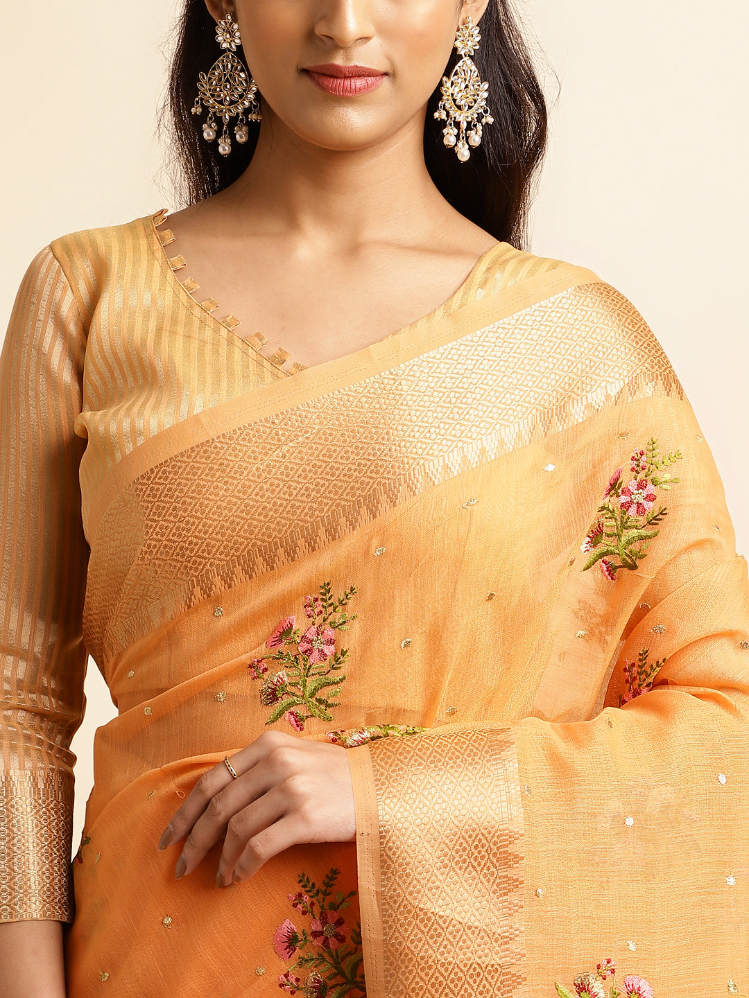 Orange Floral Embroidery Work Saree For Women