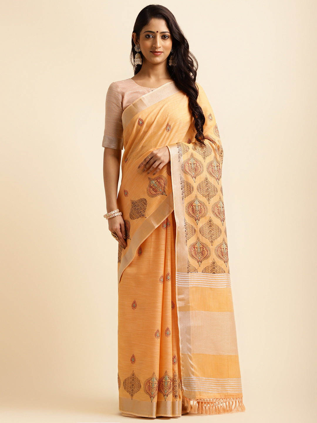 Orange Linen Cotton Embroidery Saree