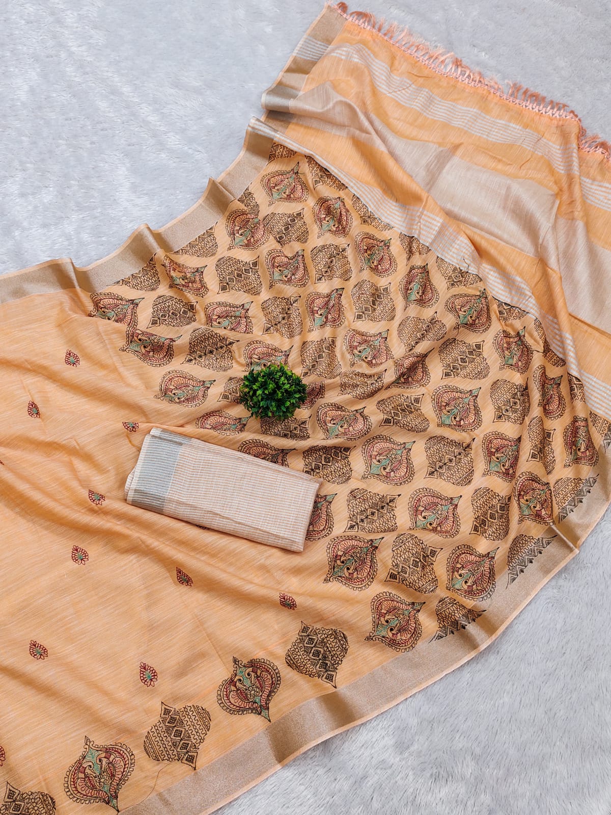 Orange Linen Cotton Embroidery Saree 2025