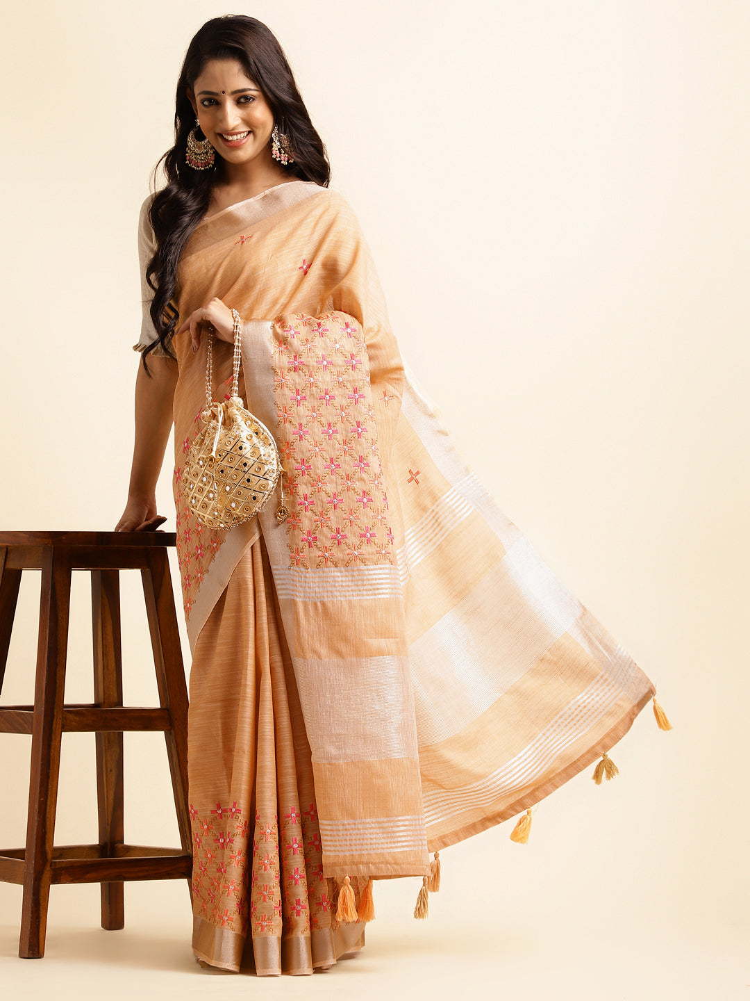 Orange Linen Floral Embroidery Saree