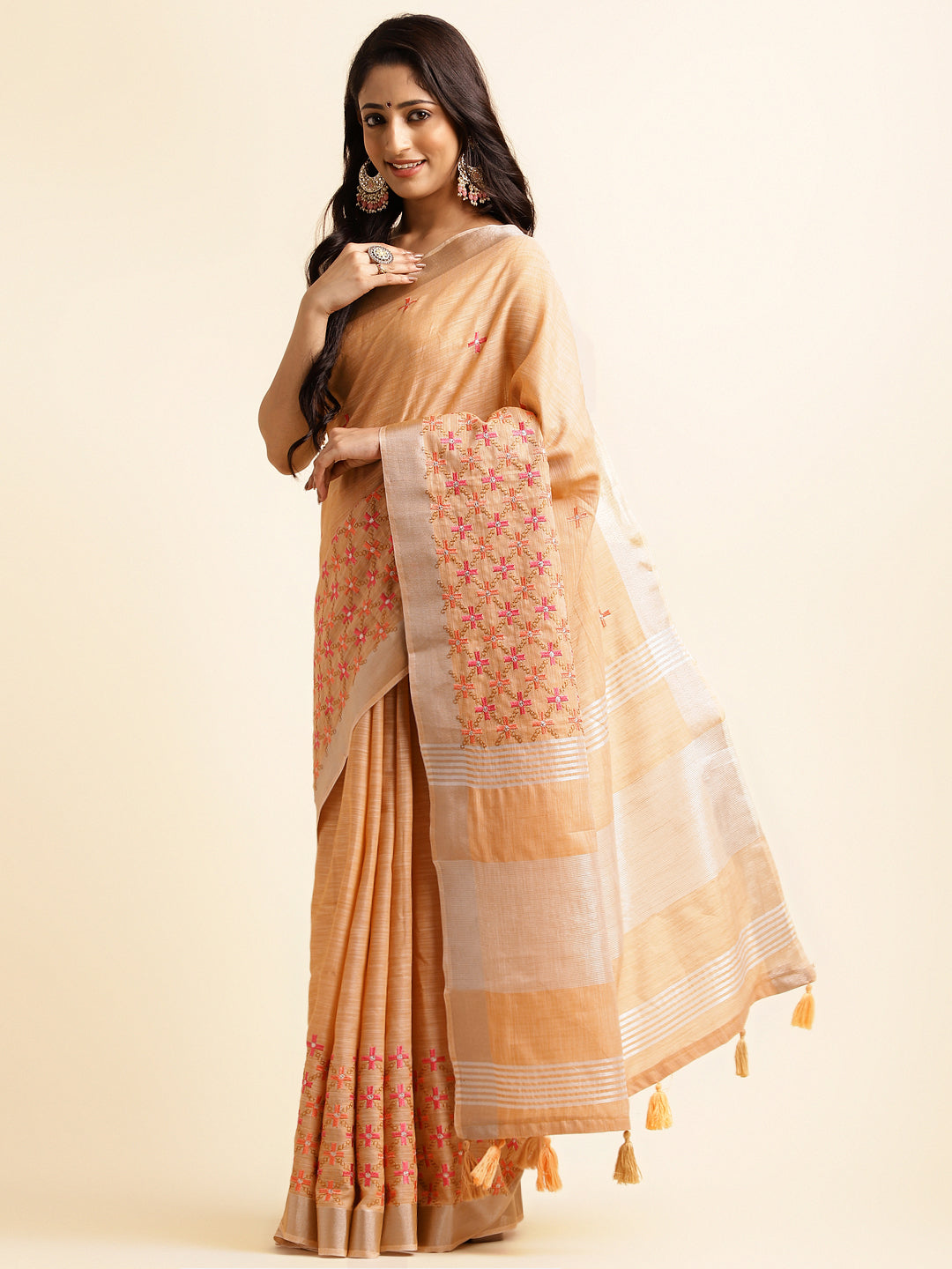 Orange Linen Floral Embroidery Saree For Women