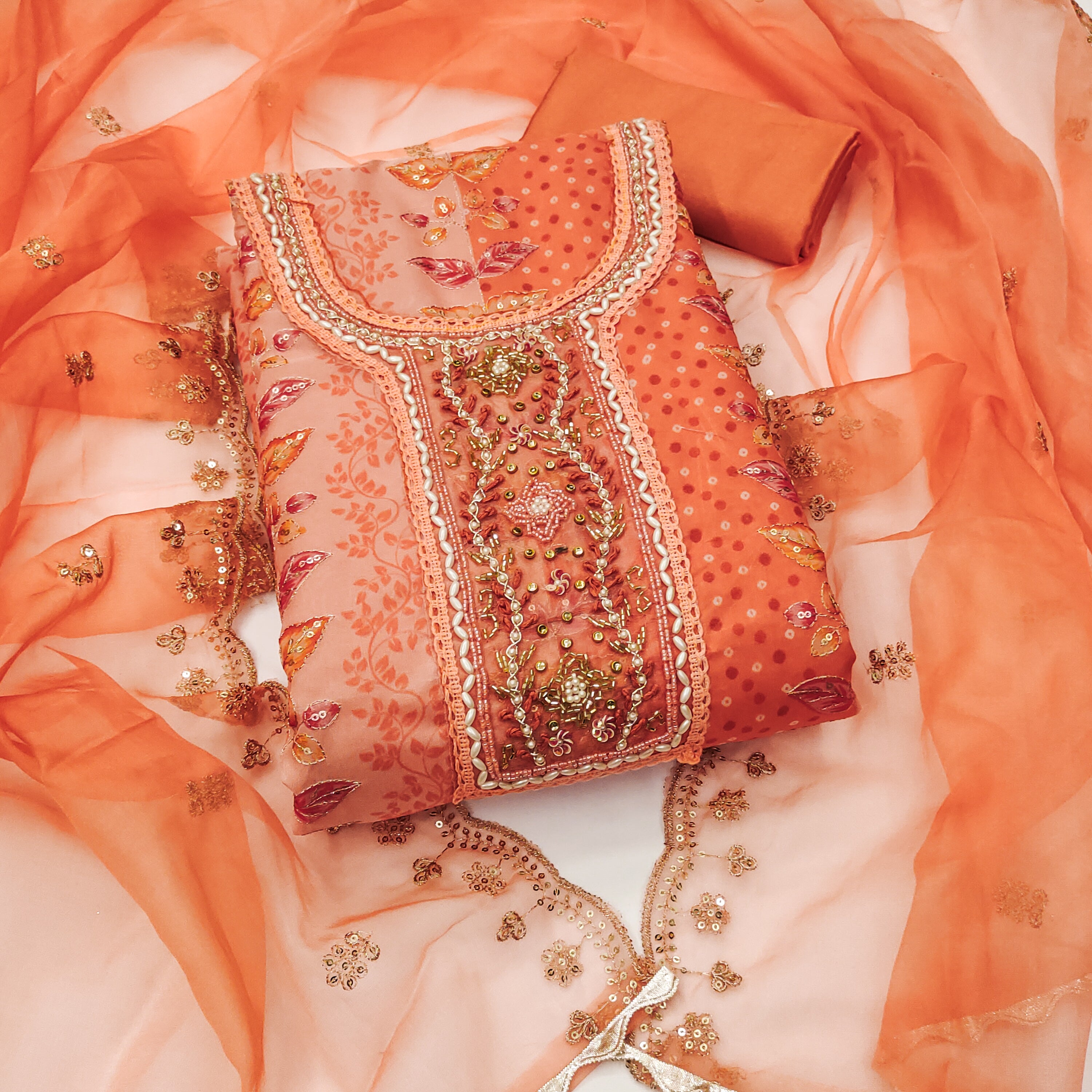 Orange Viscose Floral Work Unstitched Suits For Ladies​