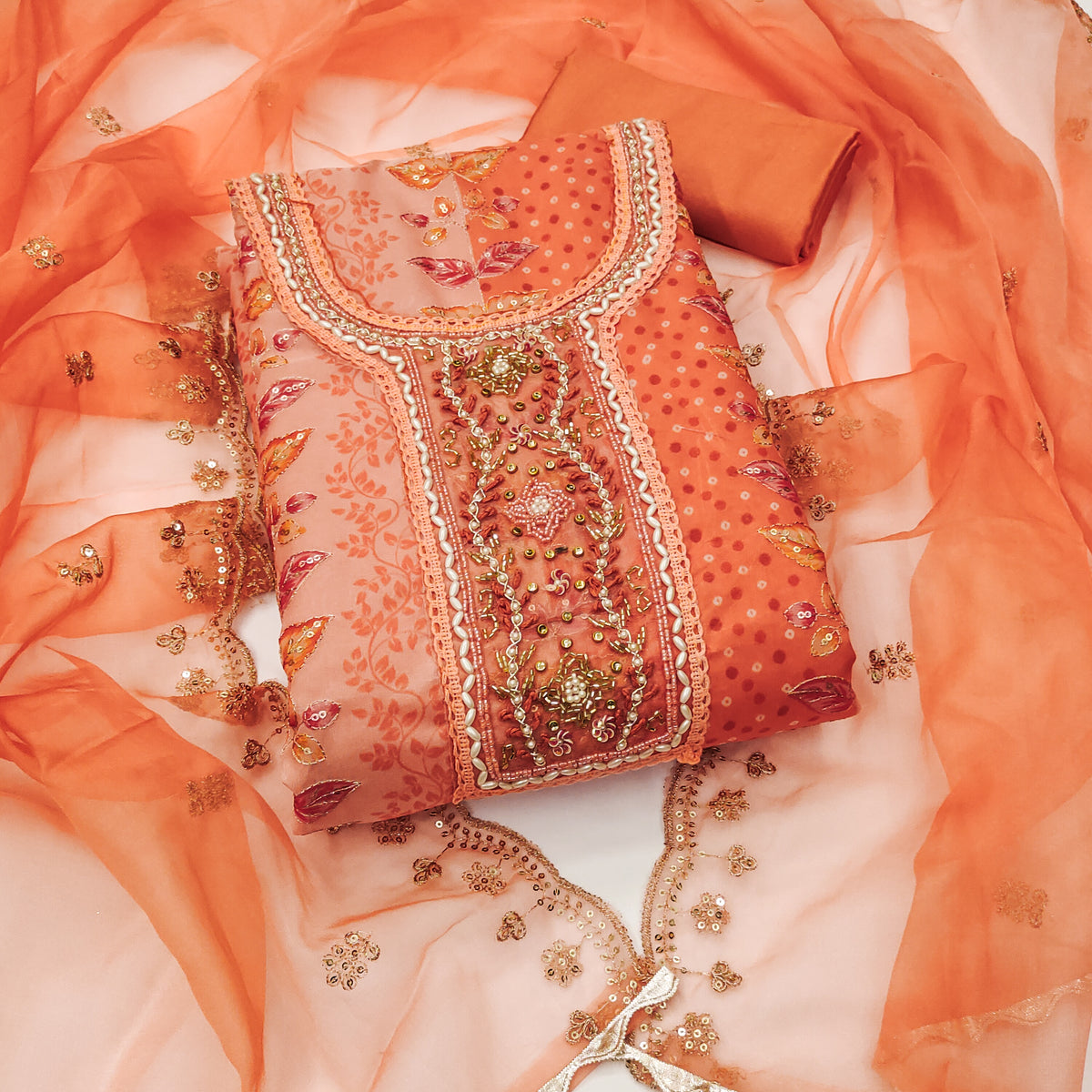 Orange Viscose Floral Work Unstitched Suits For Ladies​