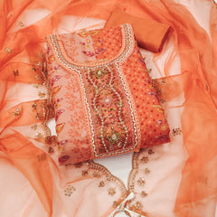 Orange Viscose Floral Work Unstitched Suits For Ladies​