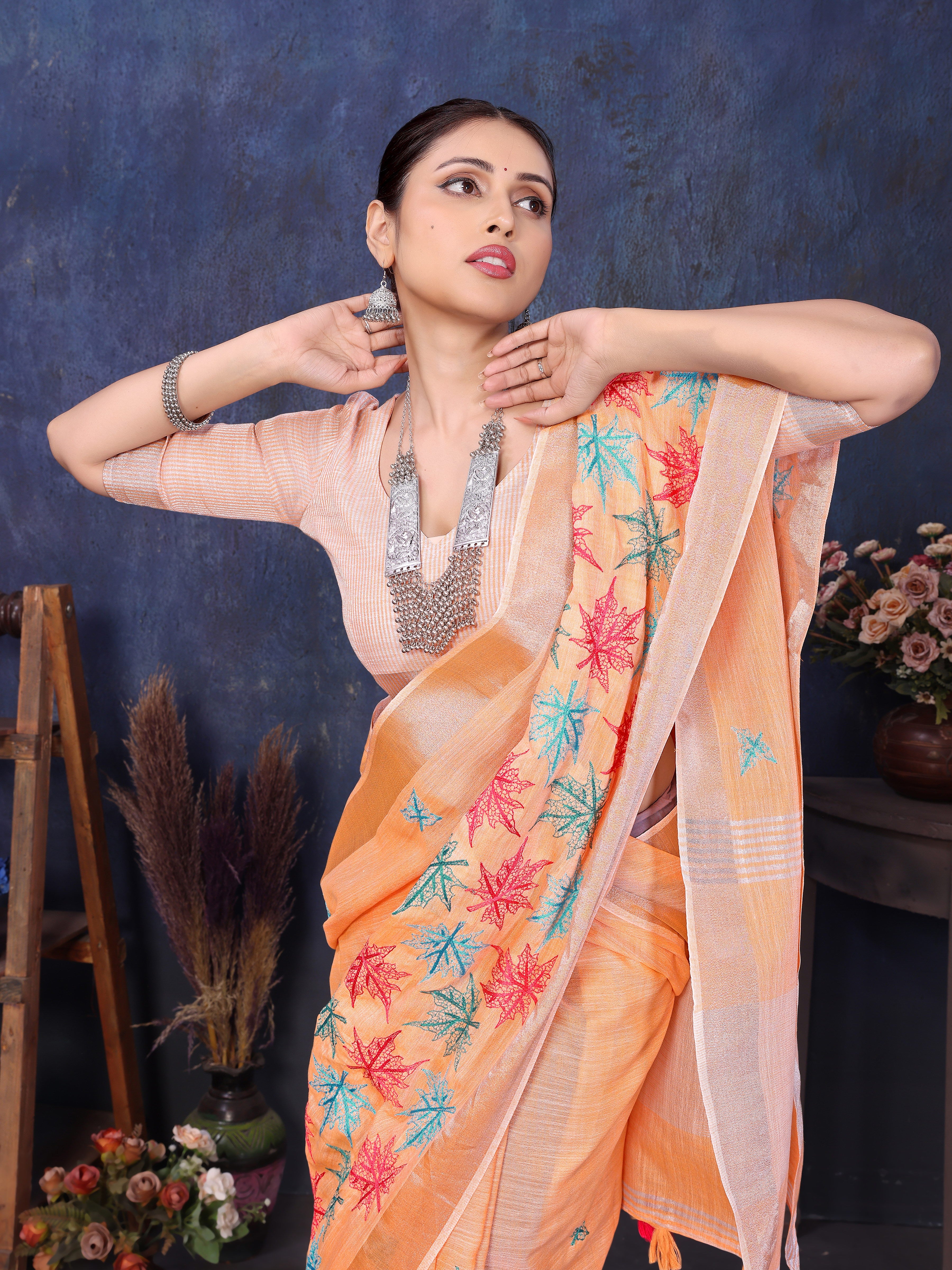 Orange linen embroidery saree with blouse