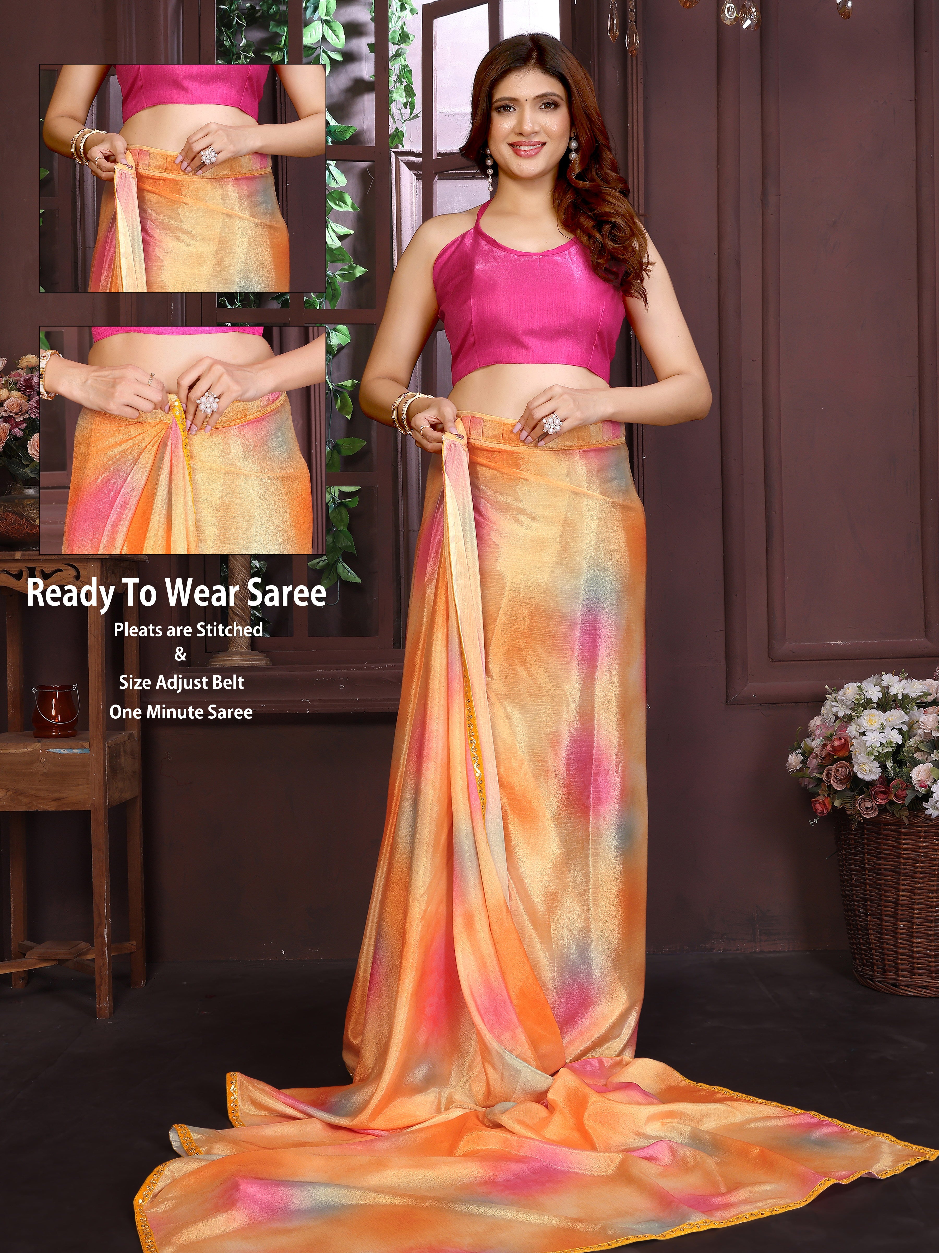 Orange shibori print saree with blouse Main image