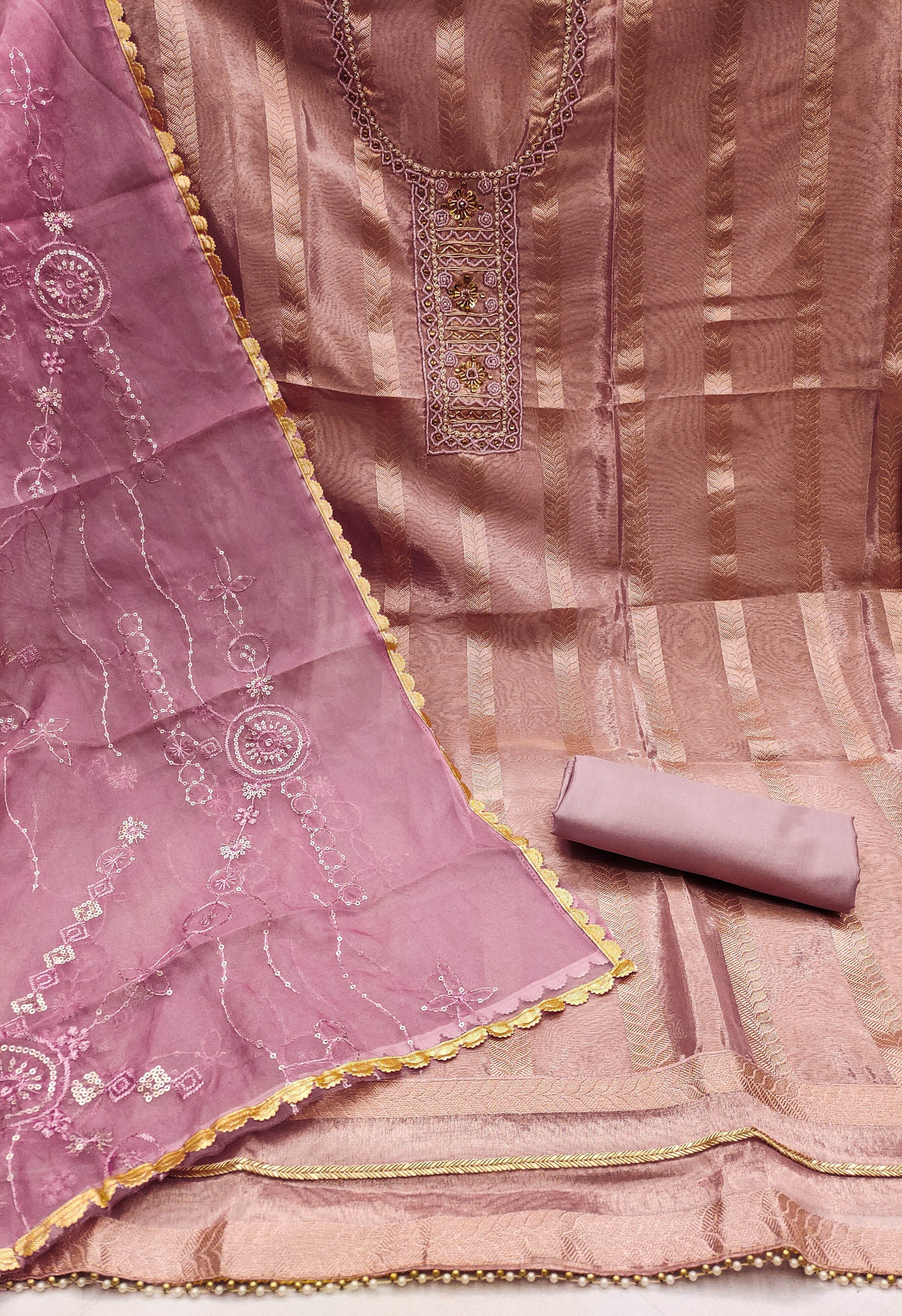 Lavender Organza Handwork Unstitched Suit For Navratri Pooja