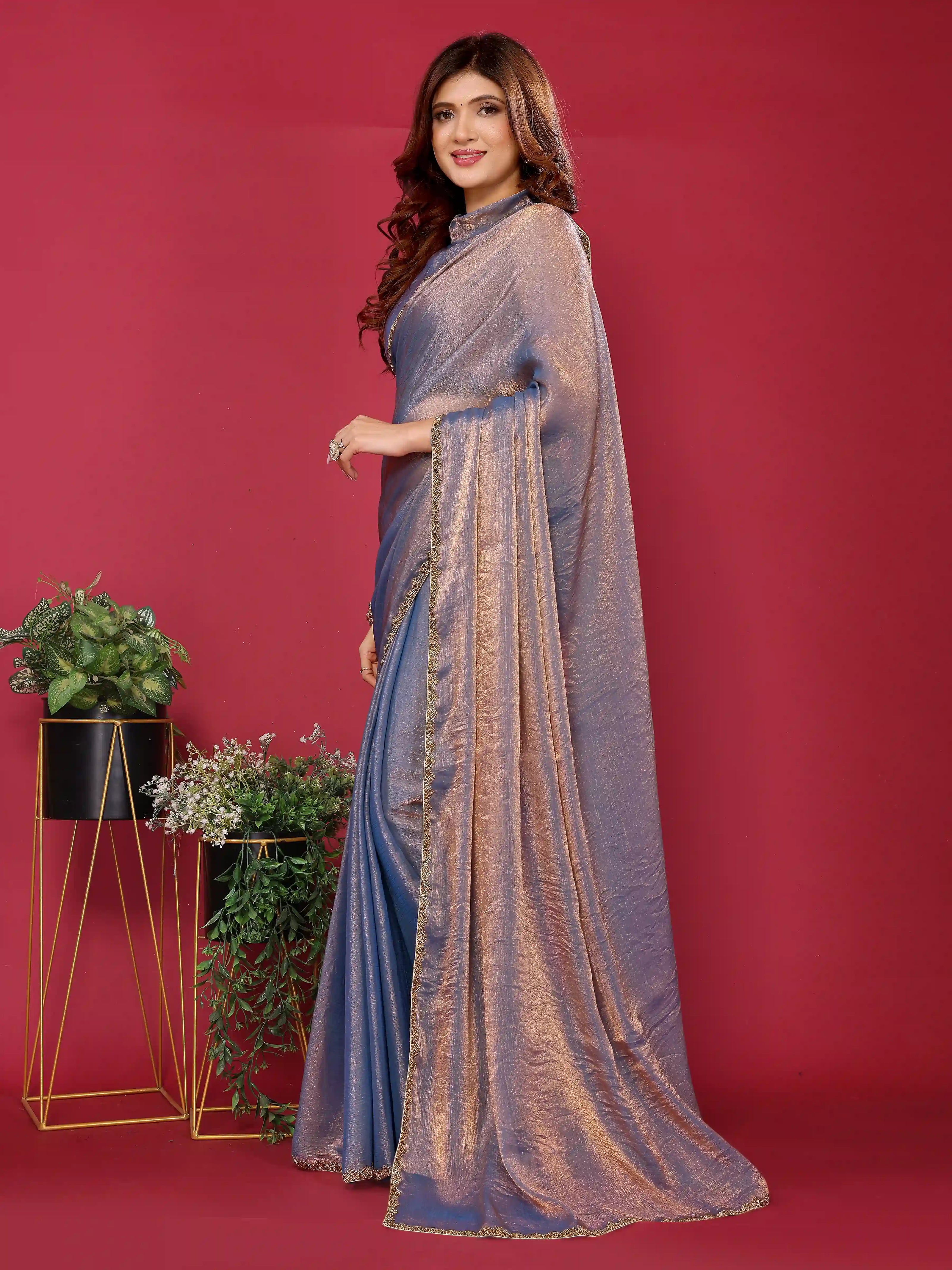 Purple Satin Silk Handwork Saree for Engagement Bride