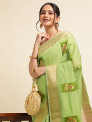 Perrot Green Banarasi Silk Floral Embroidery Work Saree