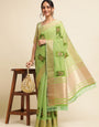 Perrot Green Banarasi Silk Floral Embroidery Work Saree