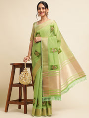 Perrot Green Banarasi Silk Floral Embroidery Work Saree