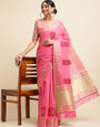 Rasberry Pink Banarasi Silk Floral Embroidery Work Saree