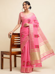 Rasberry Pink Banarasi Silk Floral Embroidery Work Saree