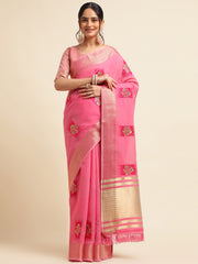 Rasberry Pink Banarasi Silk Floral Embroidery Work Saree