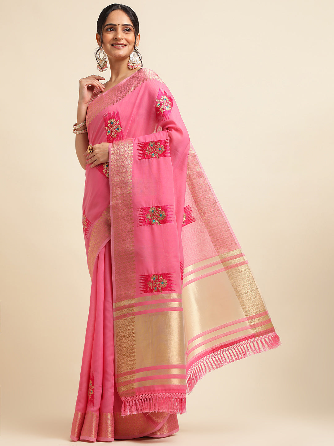 Rasberry Pink Banarasi Silk Floral Embroidery Work Saree