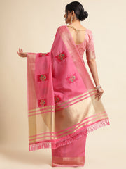 Rasberry Pink Banarasi Silk Floral Embroidery Work Saree