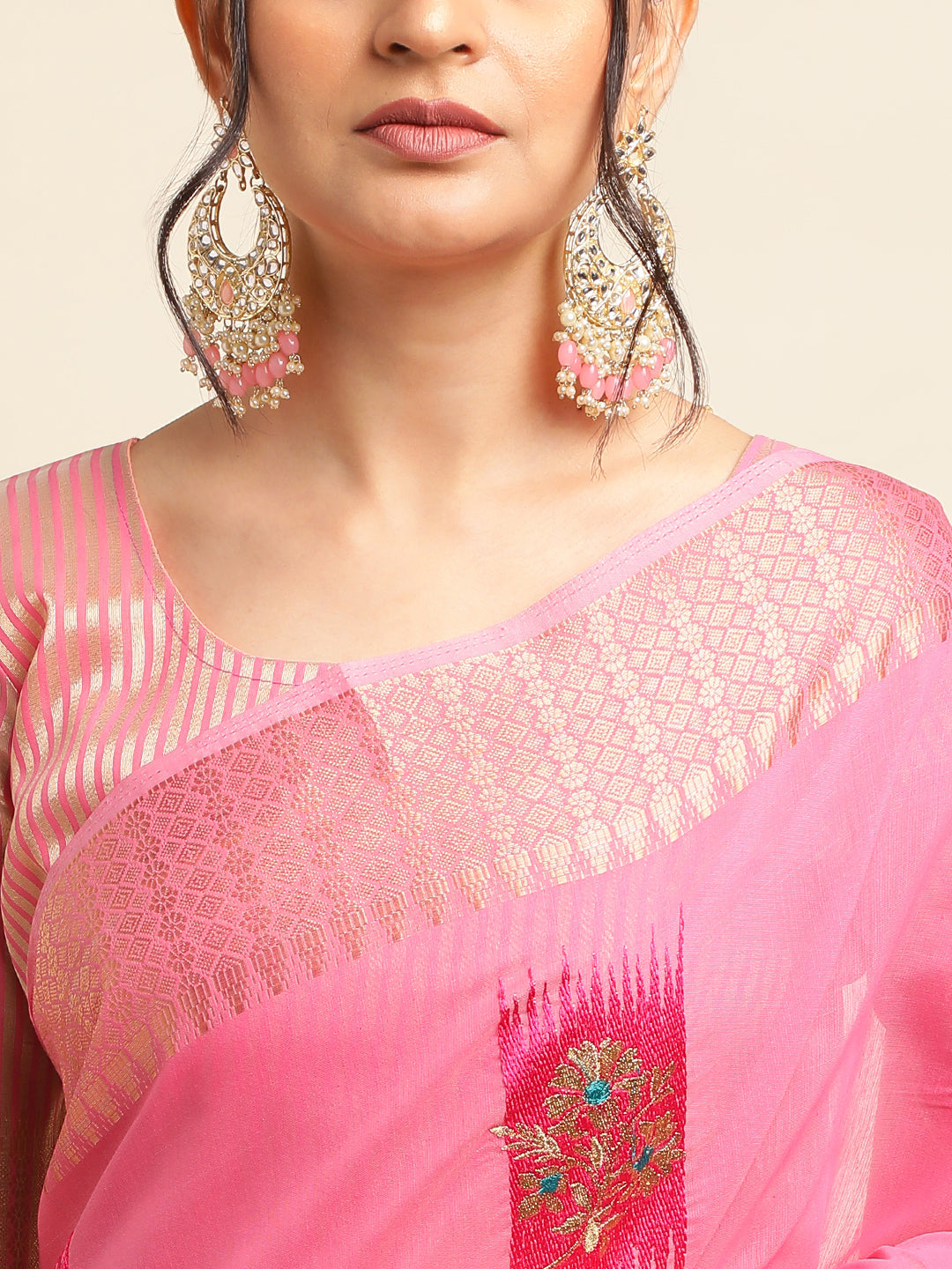 Rasberry Pink Banarasi Silk Floral Embroidery Work Saree