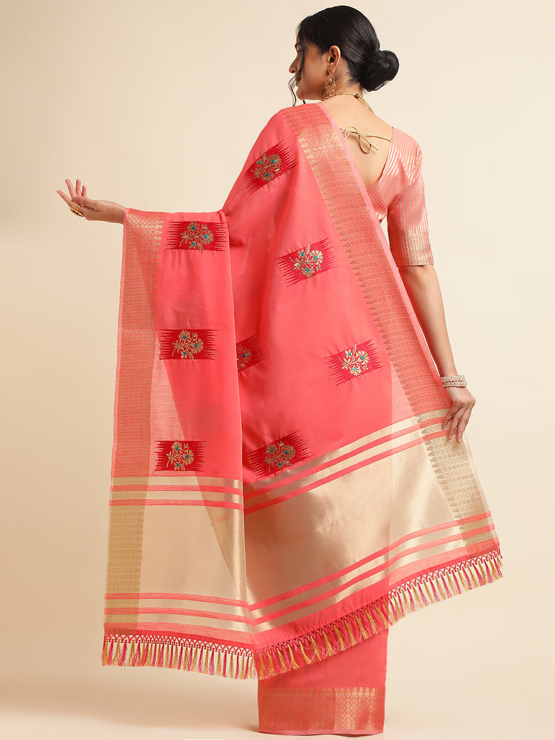 Peach Banarasi Silk Floral Embroidery Work Saree