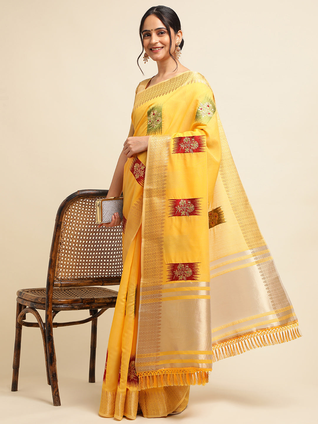 Yellow Banarasi Silk Floral Embroidery Work Saree