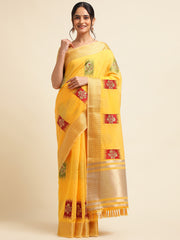 Yellow Banarasi Silk Floral Embroidery Work Saree