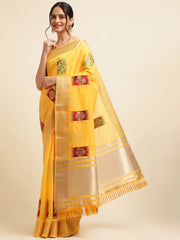 Yellow Banarasi Silk Floral Embroidery Work Saree