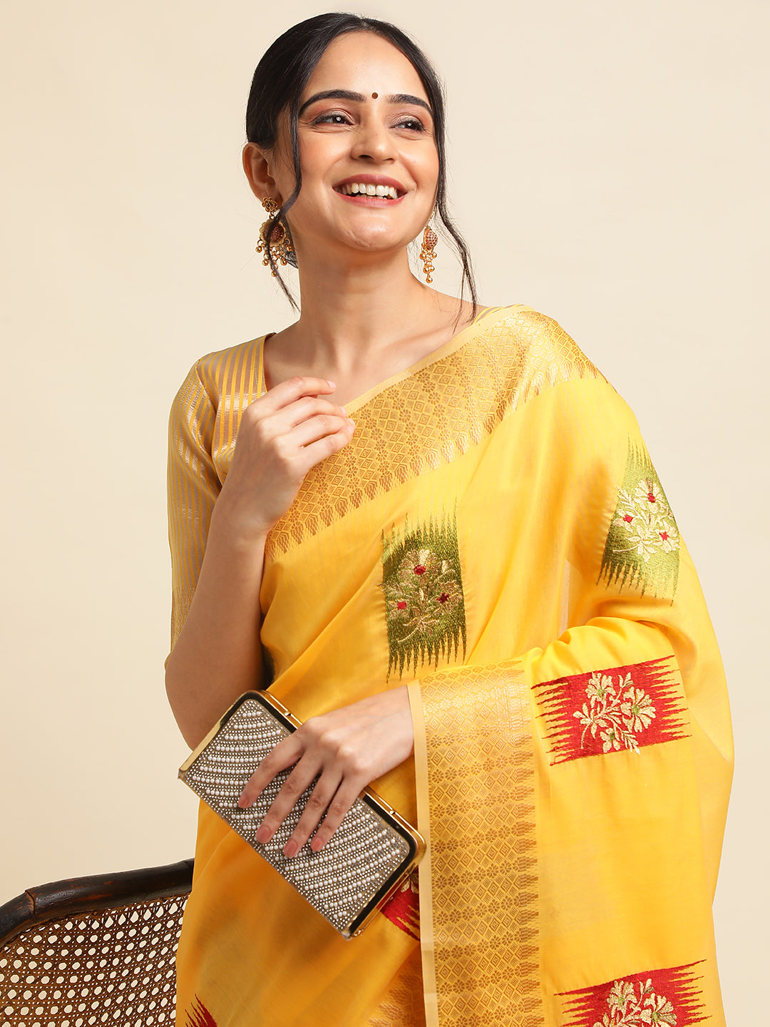 Yellow Banarasi Silk Floral Embroidery Work Saree