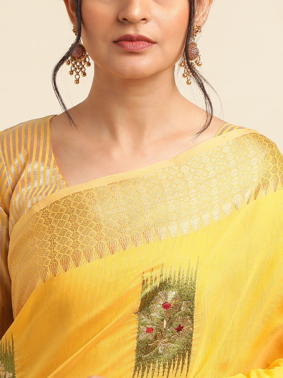 Yellow Banarasi Silk Floral Embroidery Work Saree