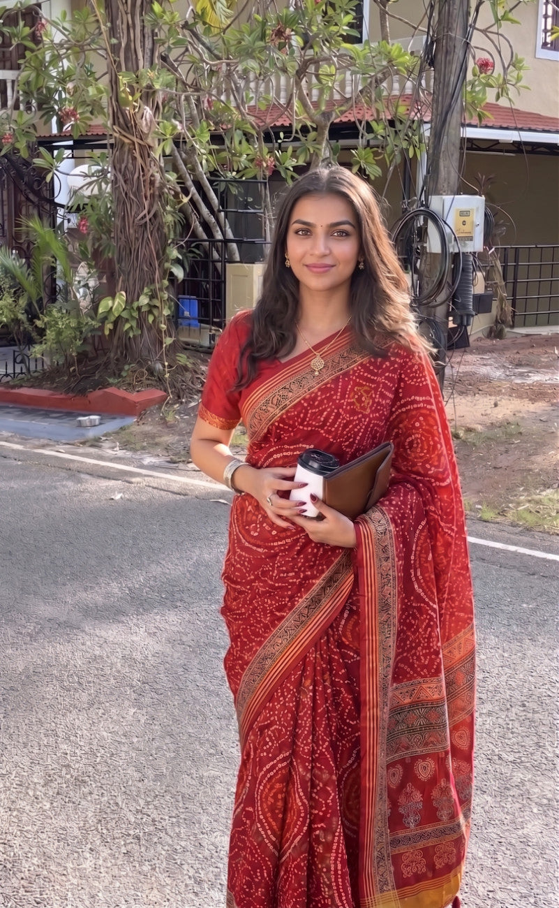 Red Cotton Bandhani Patola Print Saree