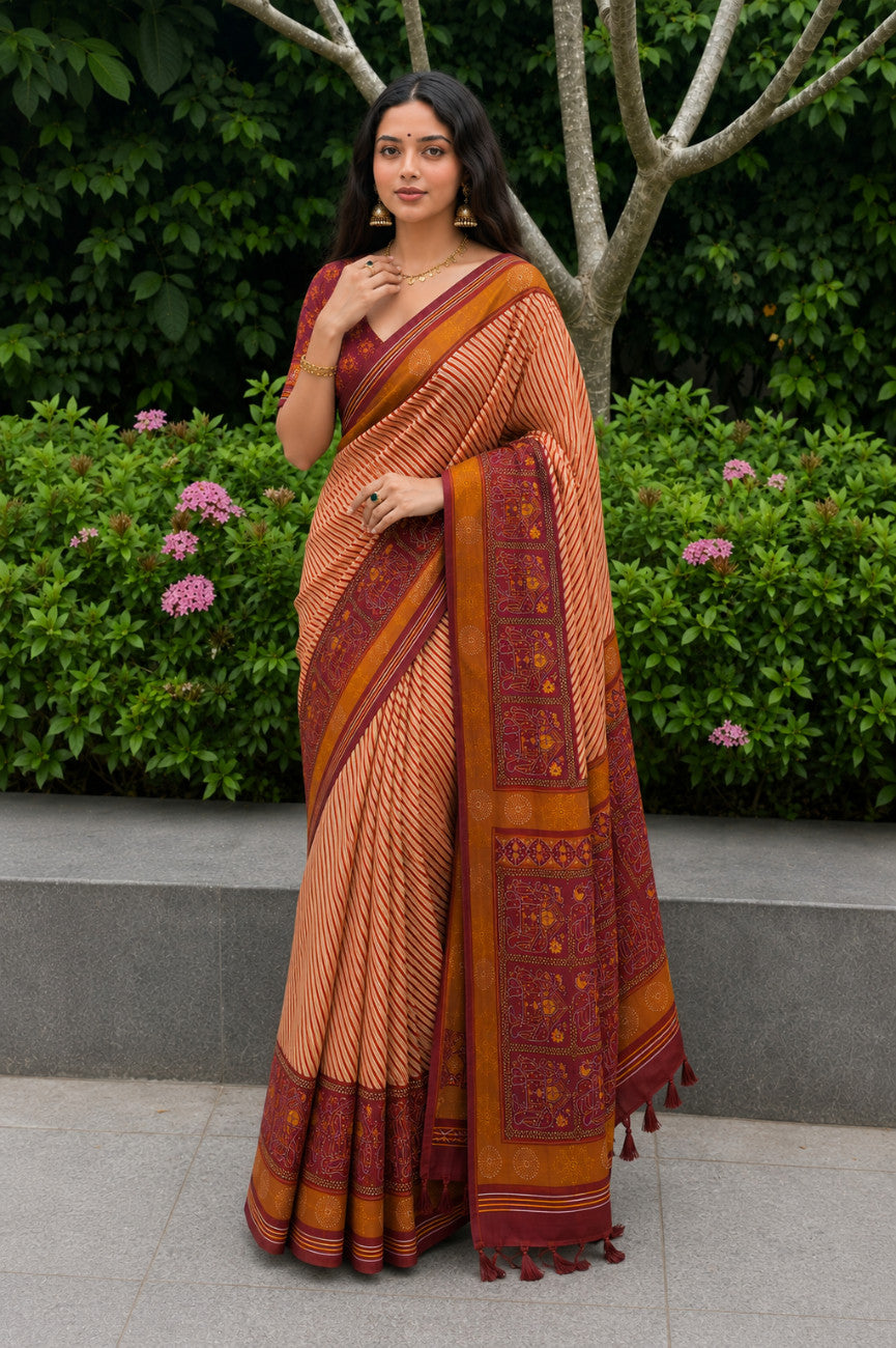 Orange Cotton Patola Print Saree