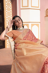 Peach Zari Woven Cotton Silk Saree With Ikat  Work