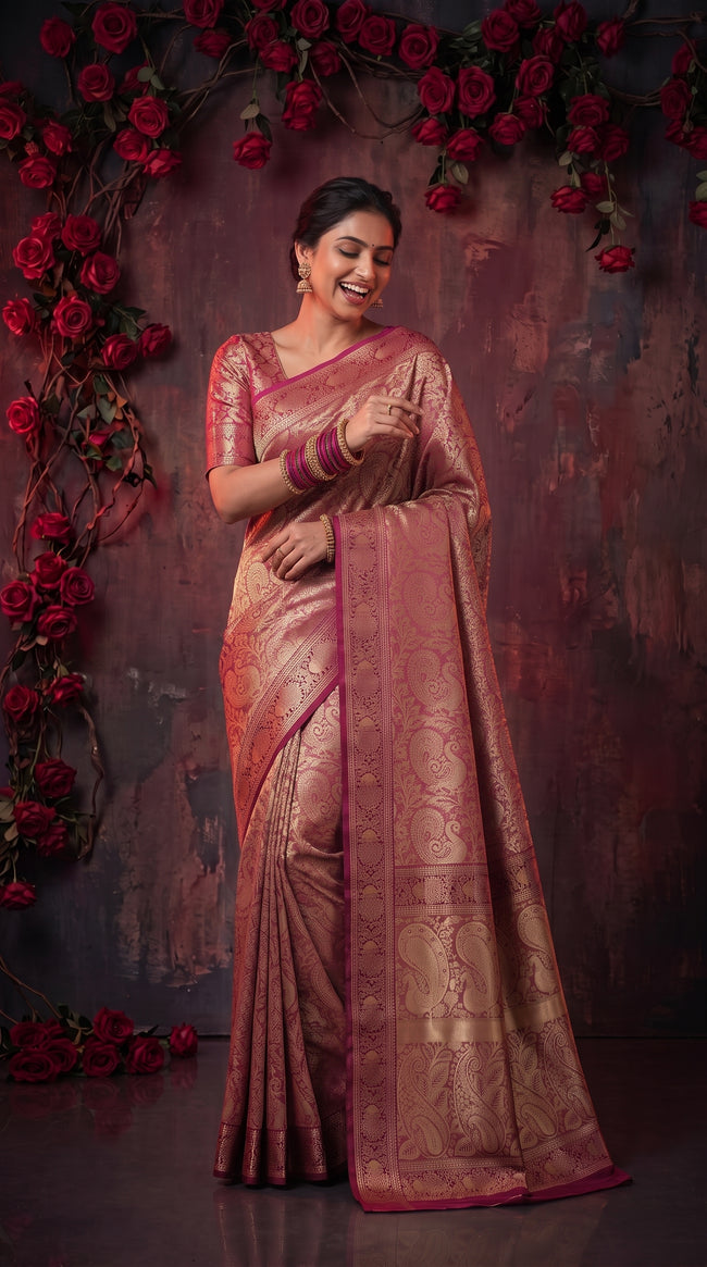 Pink Banarasi Silk Saree With Peacock Zari Work