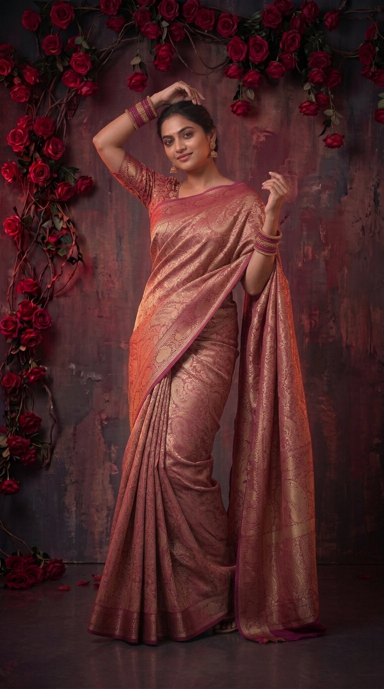 Pink Banarasi Silk Saree With Peacock Zari Work