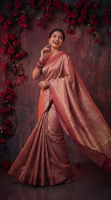 Pink Banarasi Silk Saree With Peacock Zari Work