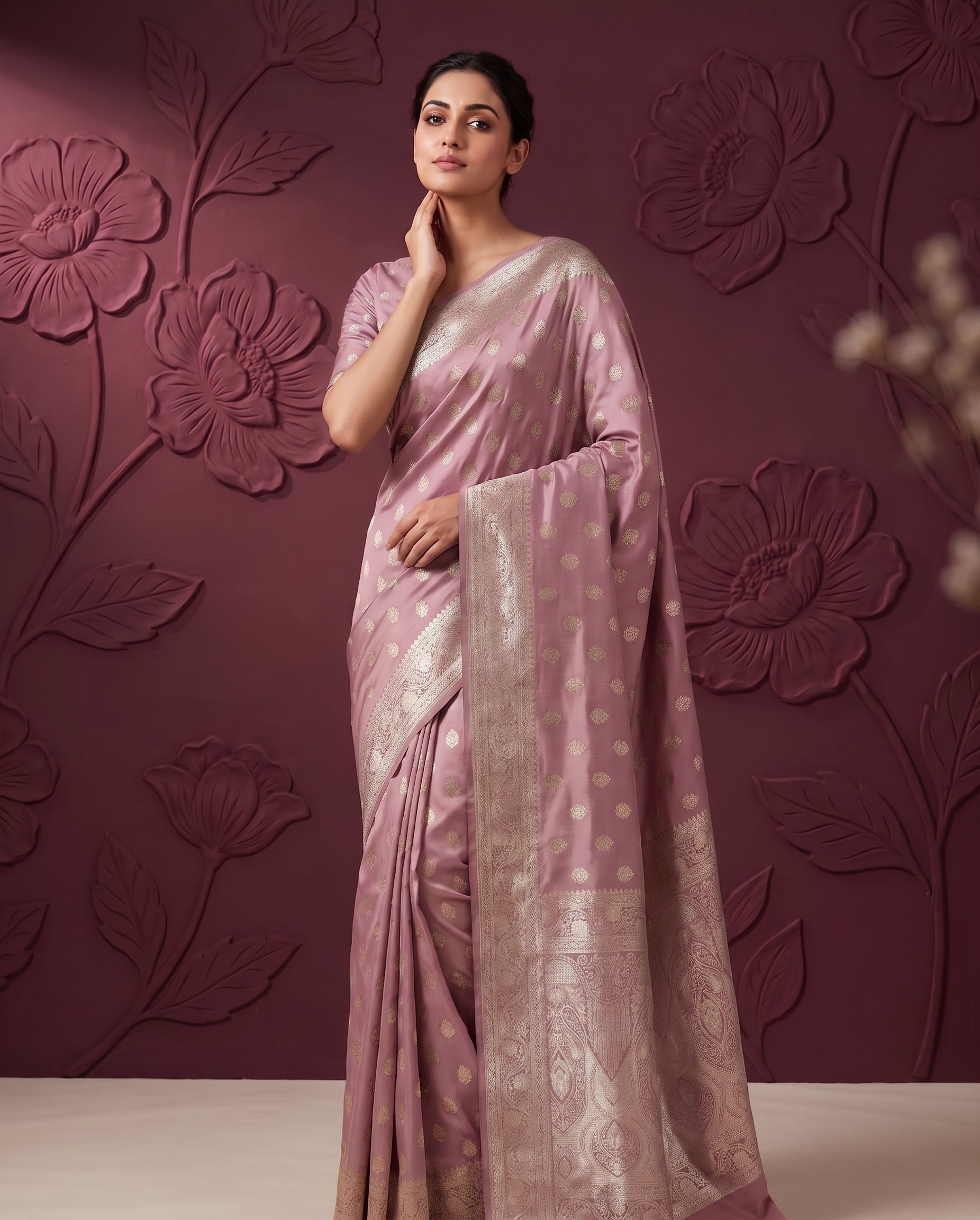 Rose Pink Satin Silk Banarasi Weaving Saree