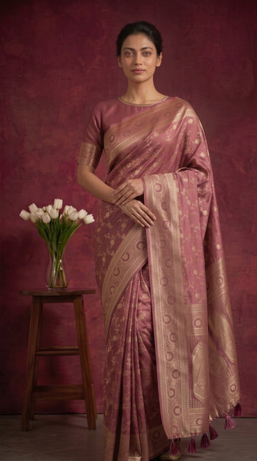 Rose Pink Banarasi Work Satin Silk Saree