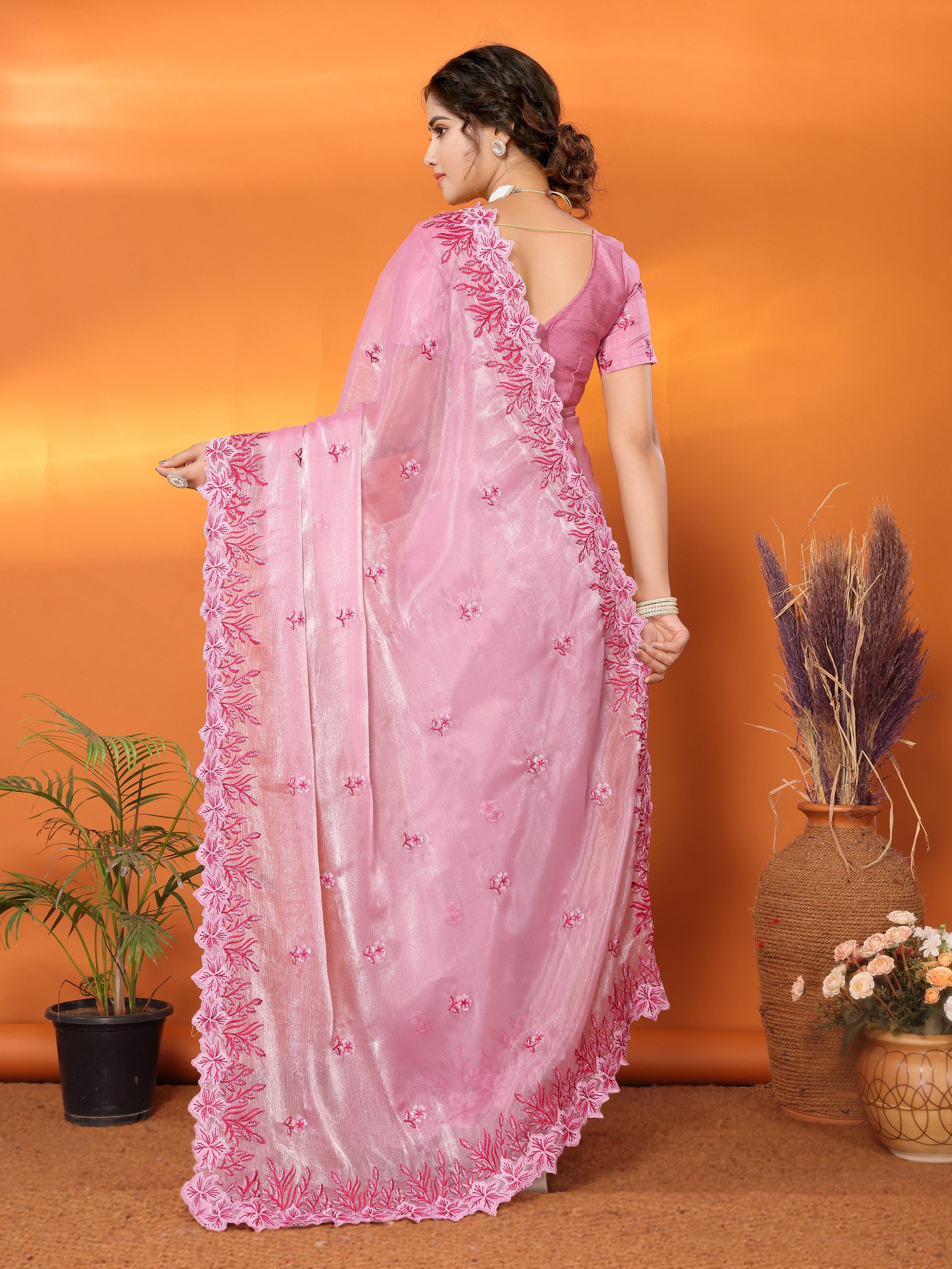 Pink Jimmy Choo Floral Embroidery Saree