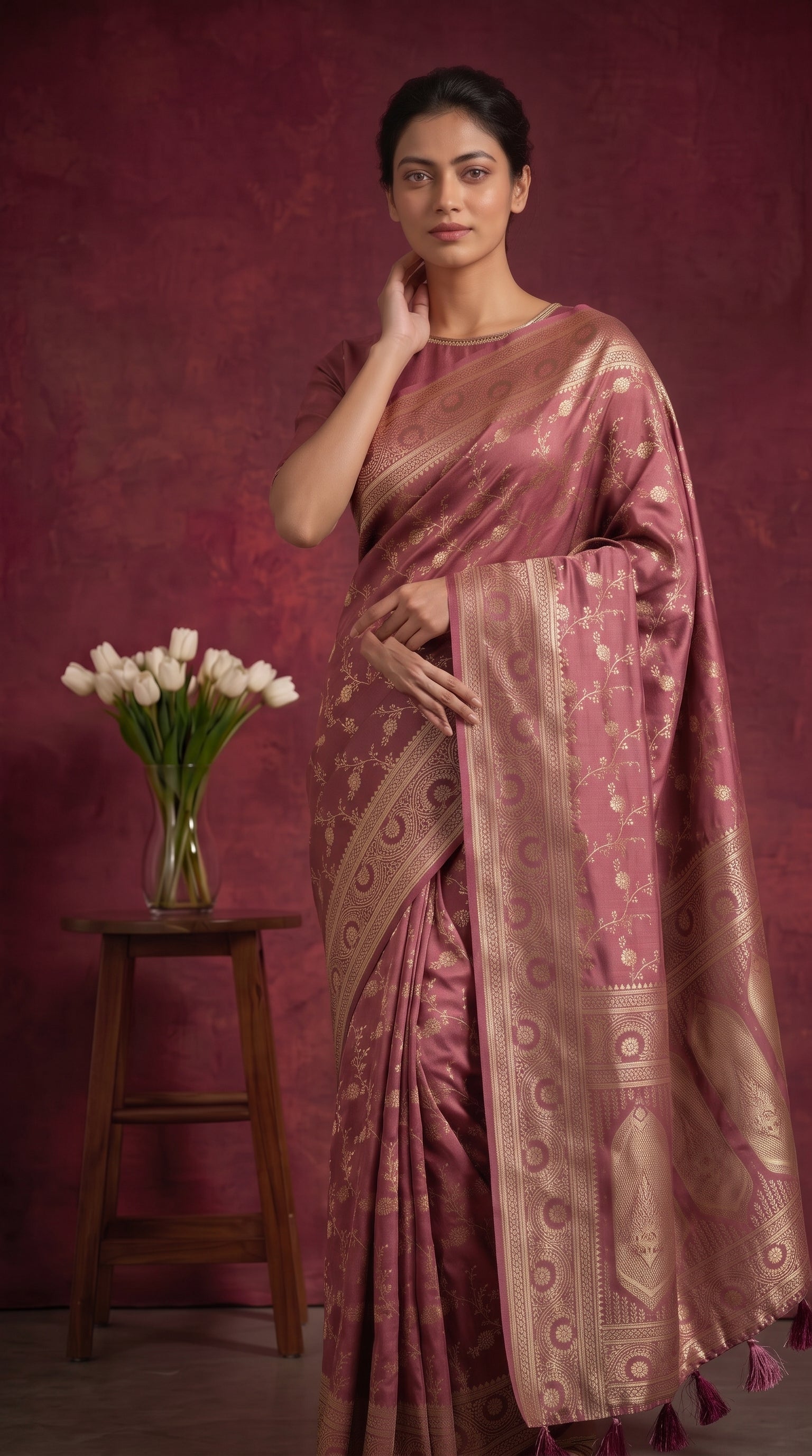 Rose Pink Banarasi Work Satin Silk Saree