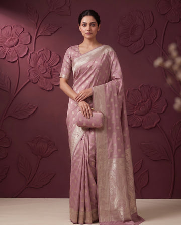 Rose Pink Satin Silk Banarasi Weaving Saree