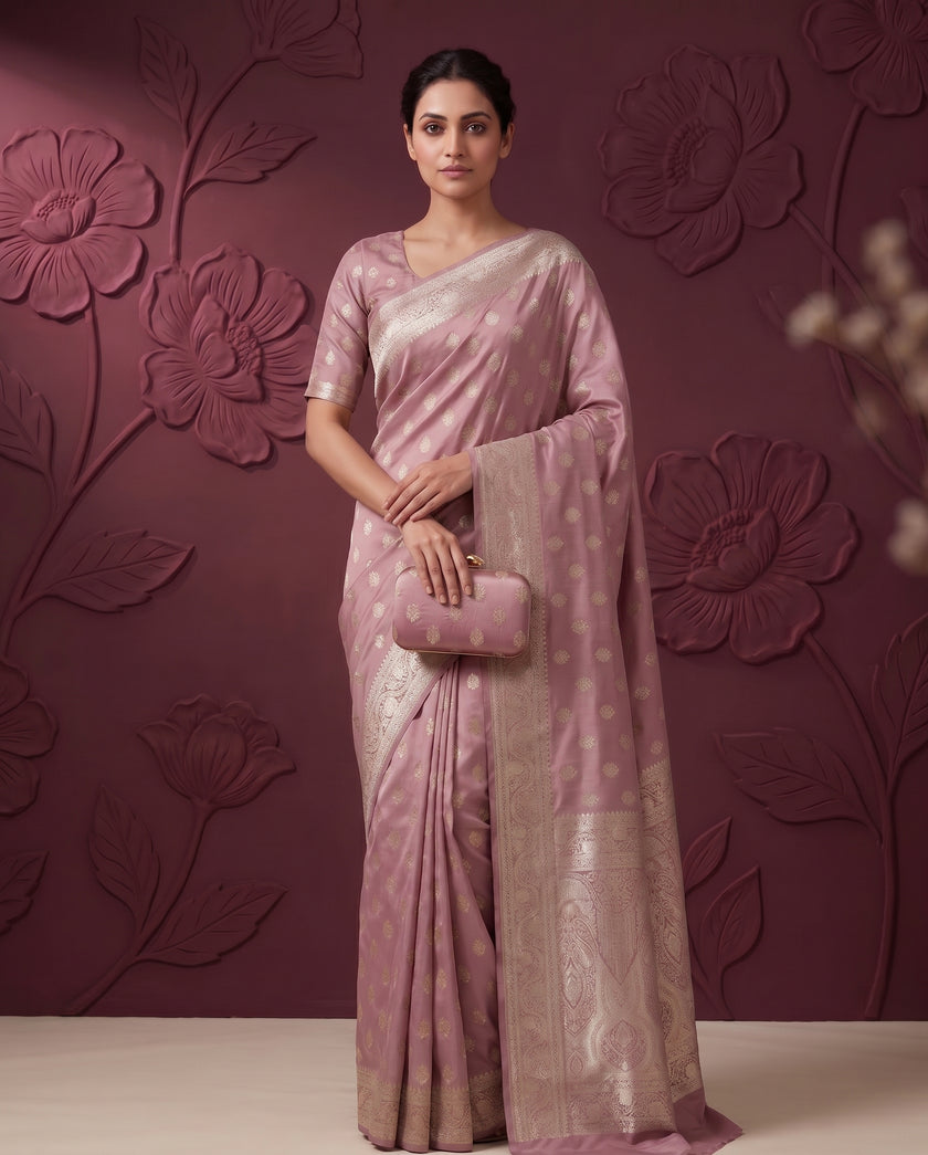 Rose Pink Satin Silk Banarasi Weaving Saree