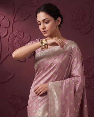Rose Pink Satin Silk Banarasi Weaving Saree