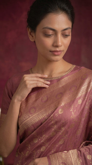 Rose Pink Banarasi Work Satin Silk Saree