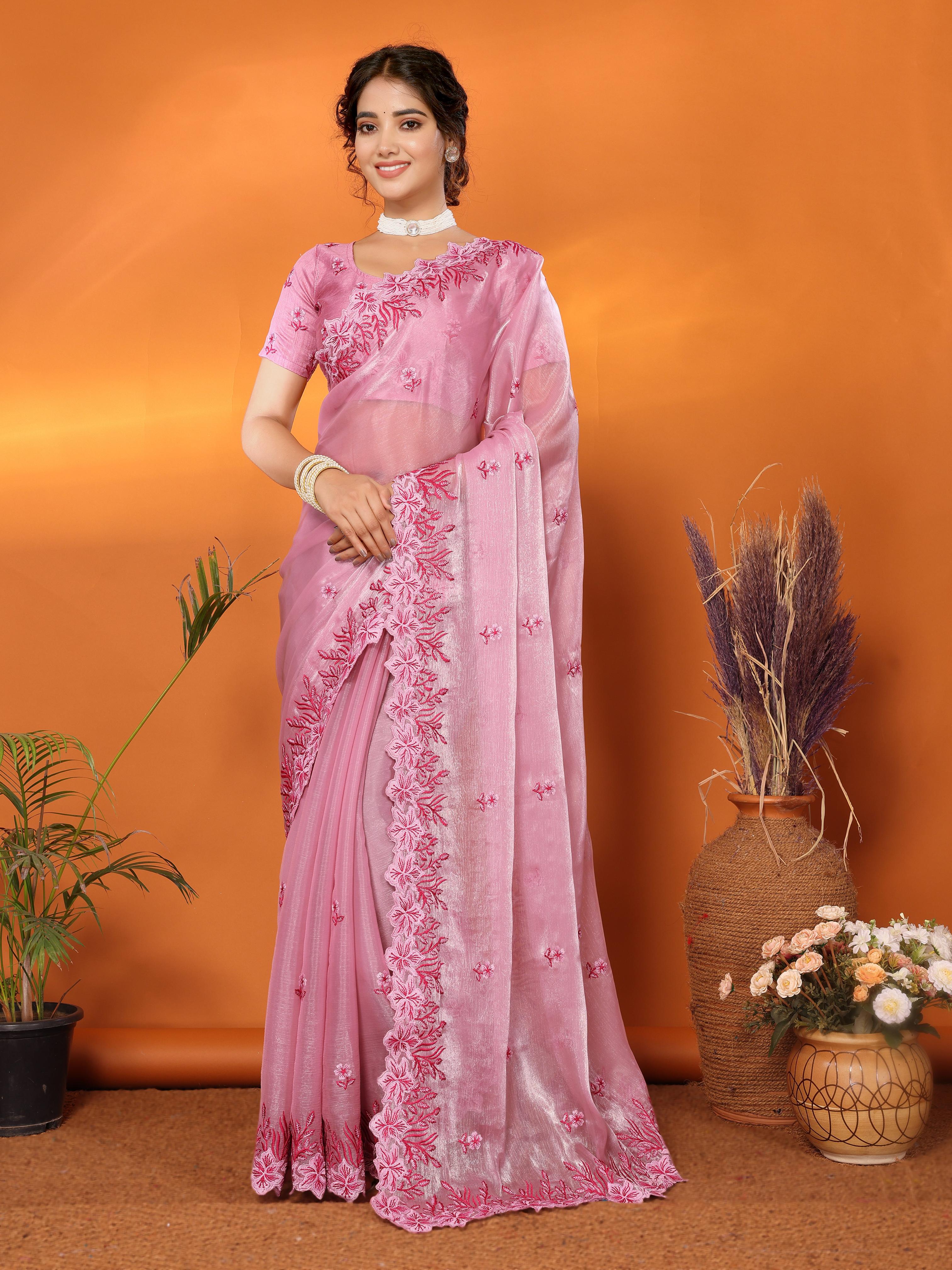 Pink Jimmy Choo Floral Embroidery Saree