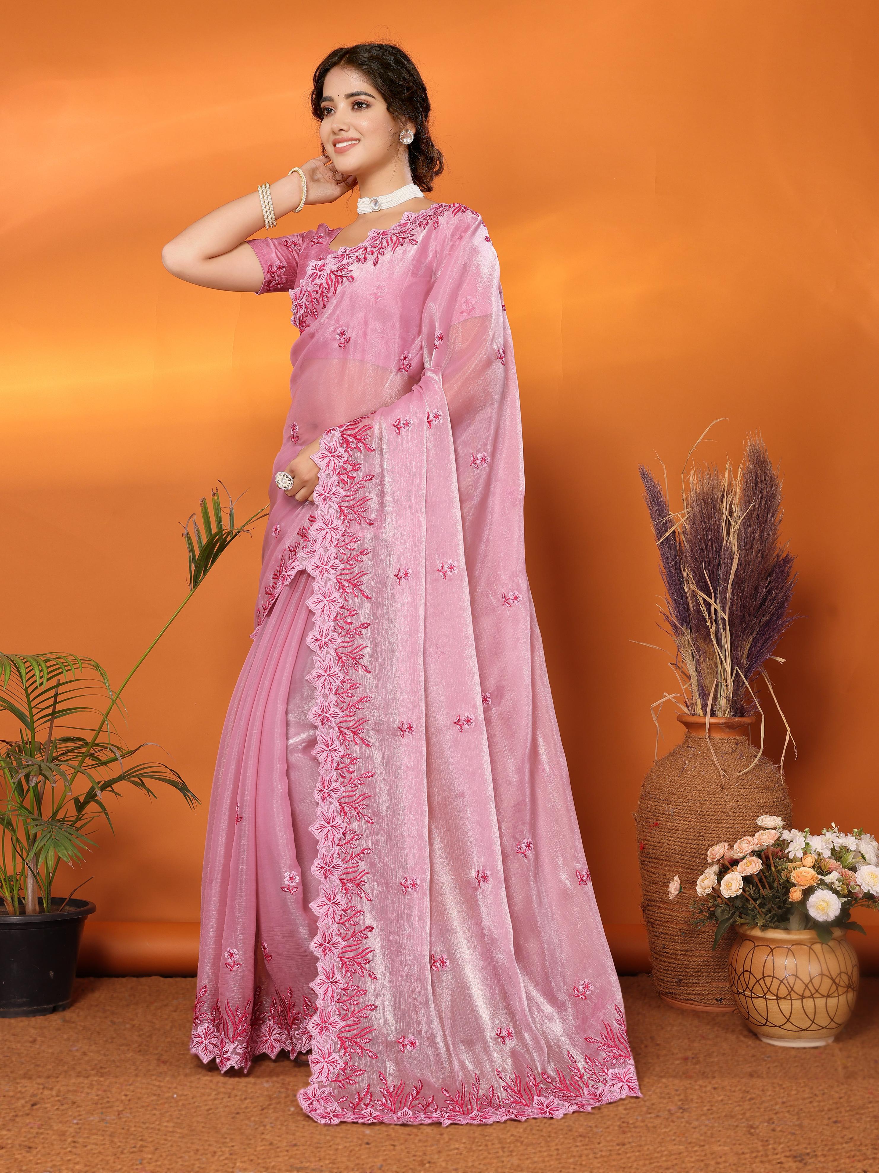 Pink Jimmy Choo Floral Embroidery Saree